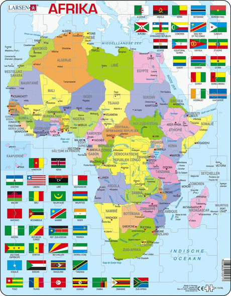 Larsen Afrika mit Flaggen – Puzzle – Karten Geographie – Flaggen Afrika – Lernpuzzle für Kinder – 70 Teile – hergestellt in Norwegen – extra dicke 2,5 mm Teile – Tablett mit festem Rand