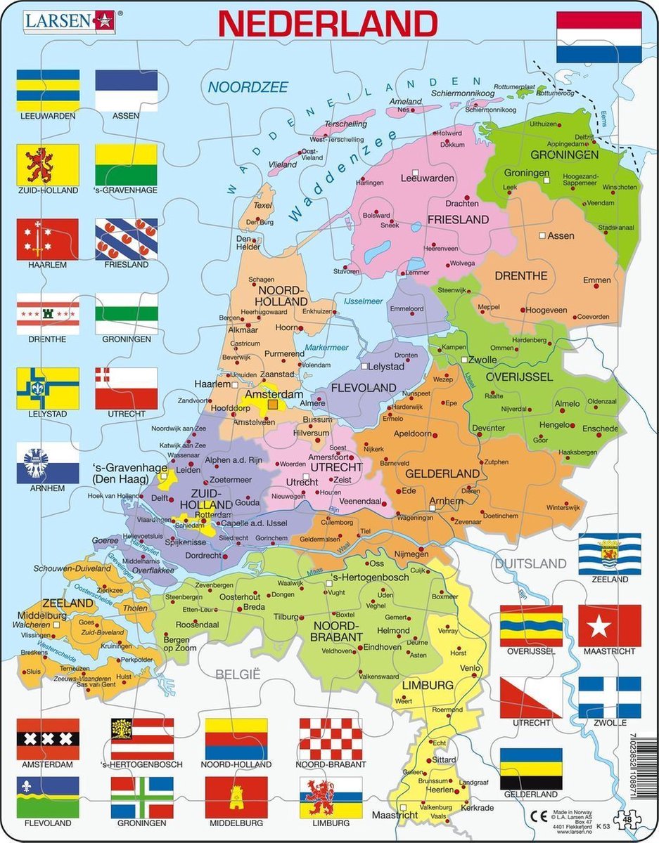 Selecta Larsen Puzzlekarte der Niederlande mit Provinzen und Flaggen, 48 Teile.
