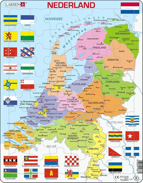 Selecta Larsen Puzzlekarte der Niederlande mit Provinzen und Flaggen, 48 Teile.