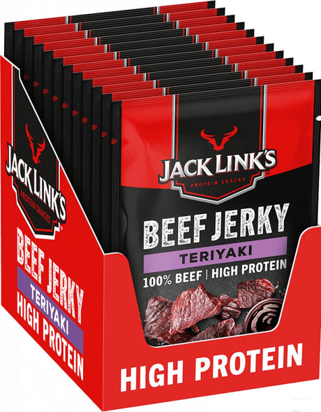 Jack Link's Teriyaki Beef Jerky – proteinreich – 100 % Rindfleisch – proteinreich – idealer Protein-Snack – für zwischendurch, unterwegs oder vor dem Sport – 12 x 60 g