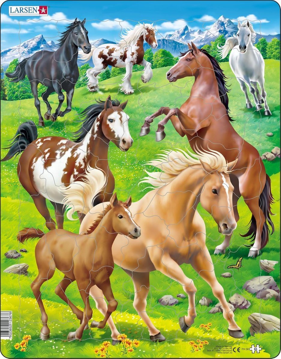 Larsen-Pferde auf einer Bergwiese – Puzzle – Tiere – Pferde – Lernpuzzle für Kinder – 65 Teile – hergestellt in Norwegen – extra dicke 2,5 mm Teile – Tablett mit festem Rand