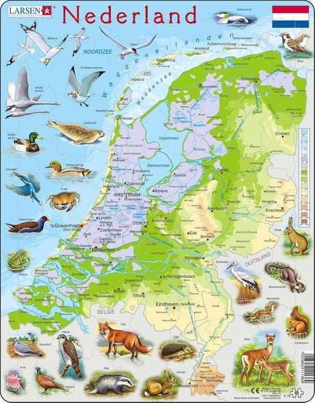 Selecta Larsen Puzzle-Karte Niederlande – geografisch mit Tieren, 68 Teile.