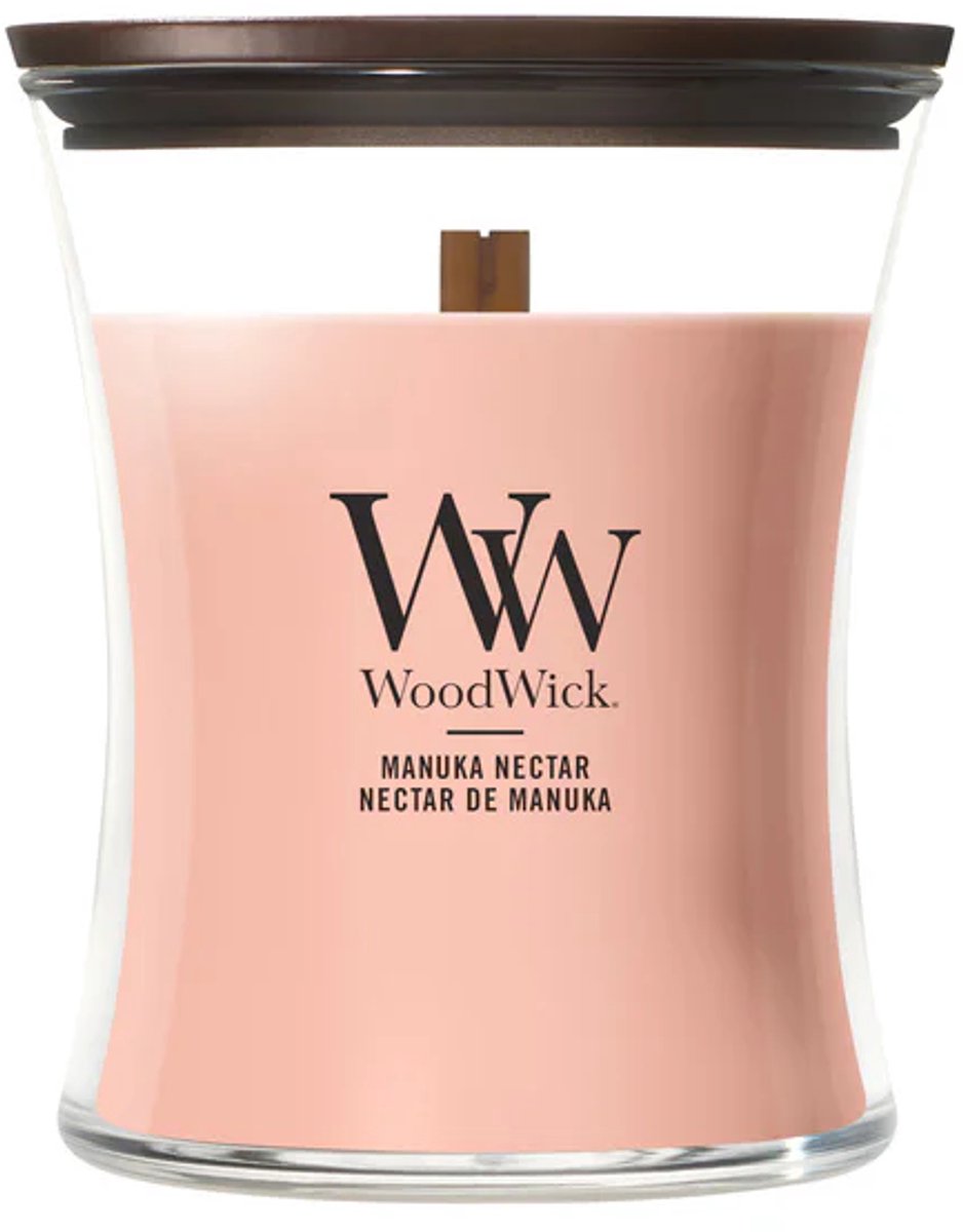 Mittlere Sanduhr-Duftkerze von Woodwick – Manuka-Nektar – 60 Brennstunden