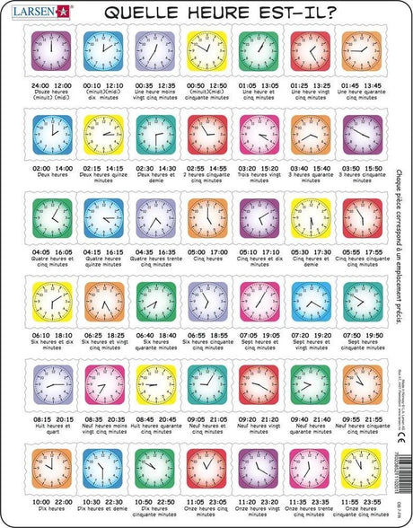 Larsen apprendre l'heure – Puzzle – Uhr – Lecture de l'heure – Puzzle éducatif pour enfants – 42 Teile – in Norwegen hergestellt – Teile mit einer Stärke von 2,5 mm – Plateau mit festem Rand