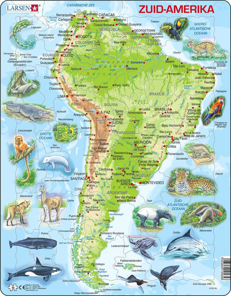 Selecta Larsen Puzzlekarte Süden, Amerika geografisch mit Tieren, 65 Teile.