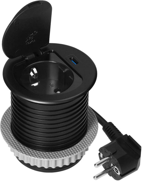 Orno Steckdosenleiste – 1 Steckdose mit Abdeckung – Verteilerstecker mit USB C – integrierte Schreibtisch-Steckdosenleiste mit 1,9 Meter Kabel – schwarz