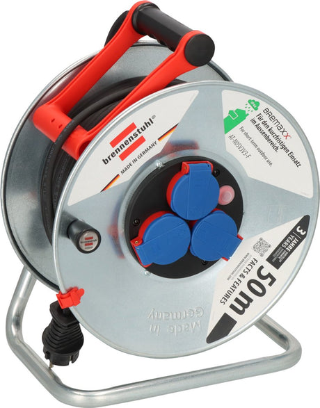 Brennerstuhl Garant S IP44 Kabeltrommel (50 m Kabel schwarz, Stahlblech, kurzfristiger Außeneinsatz, Made in Germany) Silber