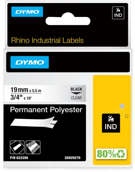 Dymo Rhino Industrieetiketten | permanentes Polyester | 19 mm x 3,5 m | schwarzer Druck auf transparentem | Selbstklebende Etiketten für Rhino Label Manager-Etikettendrucker