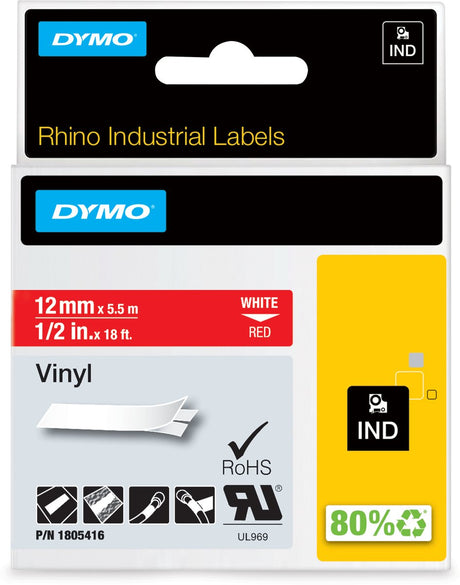 Dymo Rhino Industrie-Vinyletiketten | 12 mm x 5,5 m | weißer Druck auf rot | Selbstklebende Etiketten für Rhino Label Manager-Etikettendrucker