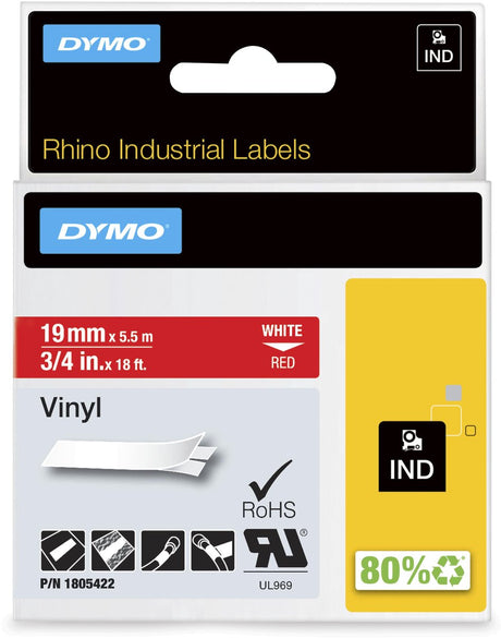 Dymo Rhino Industrie-Vinyletiketten | 19 mm x 5,5 m | weißer Druck auf rot | Selbstklebende Etiketten für Rhino Label Manager-Etikettendrucker