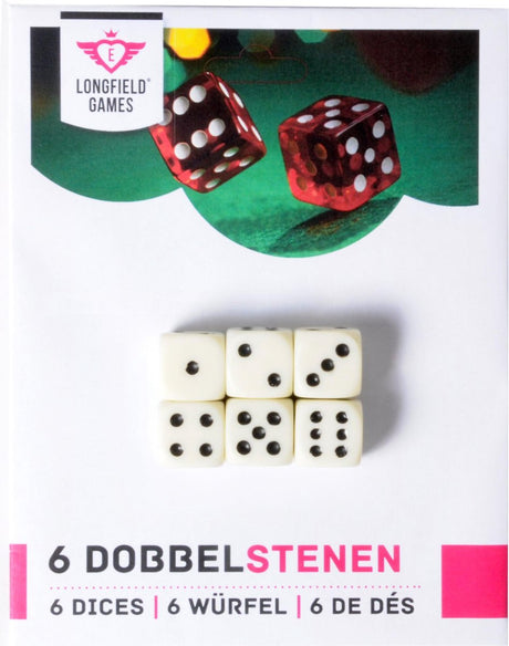 Longfield-Würfel 6 Stück – weiß – 16 mm – verpackt auf Karte – Würfelset für Brettspiele und Spielzubehör – Engelsherz