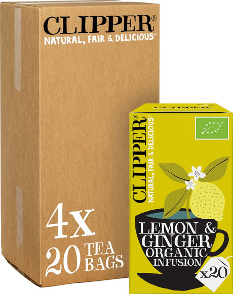 Clipper Tea Zitrone Ingwer 4 x 20 – (4 Packungen mit 20 Teebeuteln, insgesamt 80 Teebeutel)