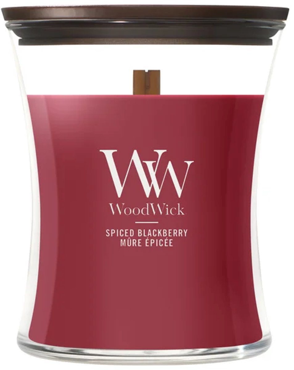 Mittlere Sanduhr-Duftkerze von Woodwick – Gewürzte Brombeere – 60 Brennstunden