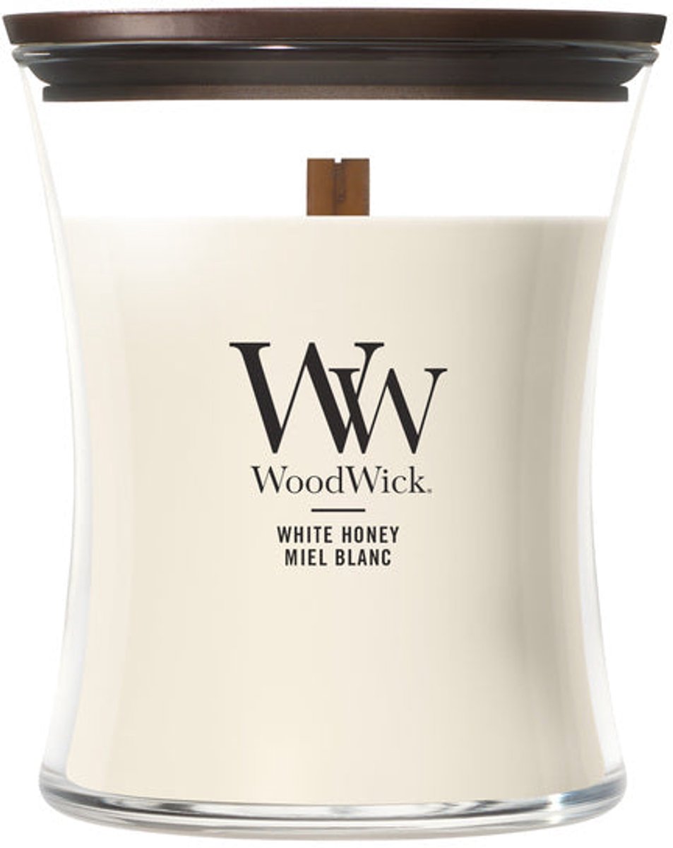 Mittlere Sanduhr-Duftkerze von Woodwick – weißer Honig – 60 Brennstunden