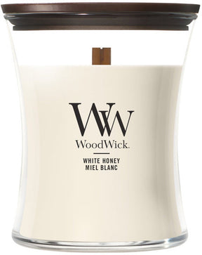 Mittlere Sanduhr-Duftkerze von Woodwick – weißer Honig – 60 Brennstunden