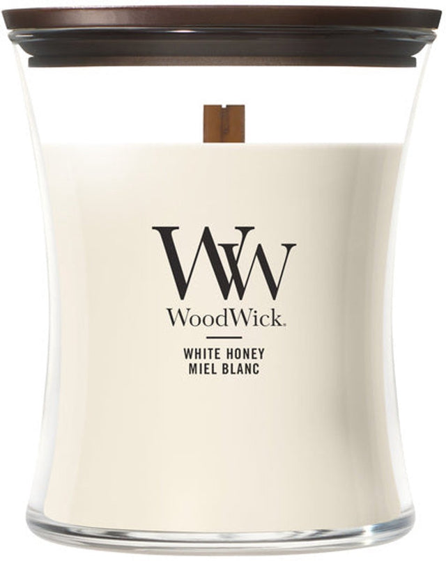 Mittlere Sanduhr-Duftkerze von Woodwick – weißer Honig – 60 Brennstunden