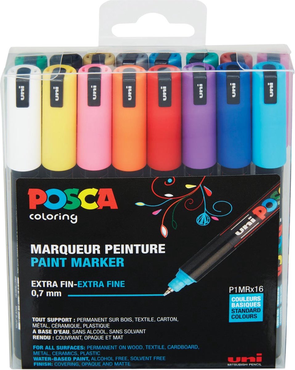 Posca Uni-Ball-Farbmarker, extra fein, auf Wasserbasis, PC-1MR, Schachtel mit 16 Stück in verschiedenen Farben