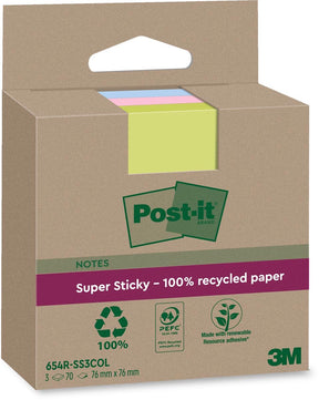 Post-it Super-Haftnotizen recycelt | 70 Blatt | ft 76 x 76 mm | sortiert | Packung mit 3 Blöcken