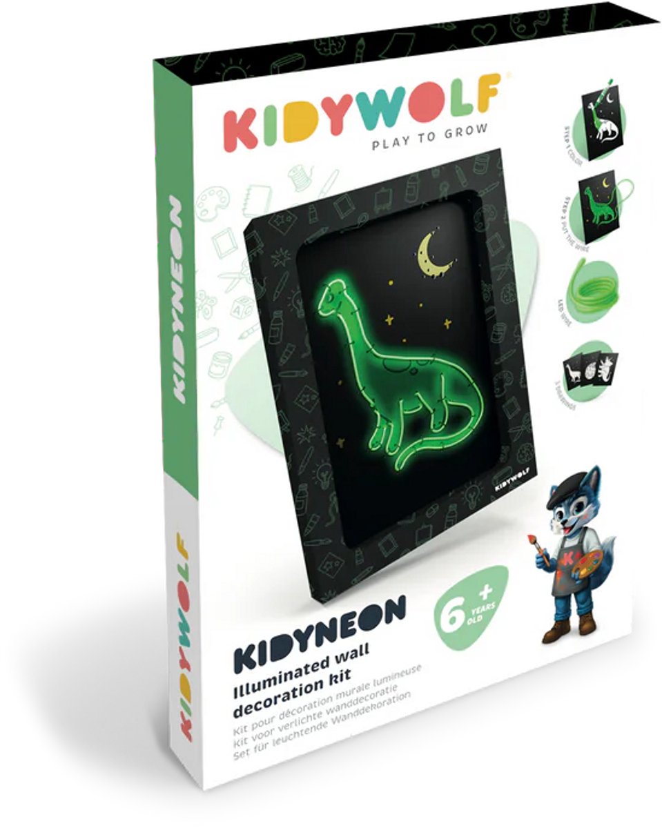 Kidywolf | kidyneon kit voor lightgevende wanddecoratie dino
