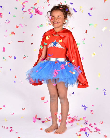 Den goda fen verkleedkledij wondergirl - jurk met cape - 110-116cm - 4-6 jaar - rood blauw 116