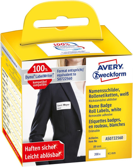 Avery -zweckform rol met zelfklevende naambadges compatibel met dymo 11356, s0722560 41 x 89 mm folie wit 200 stuk(s)