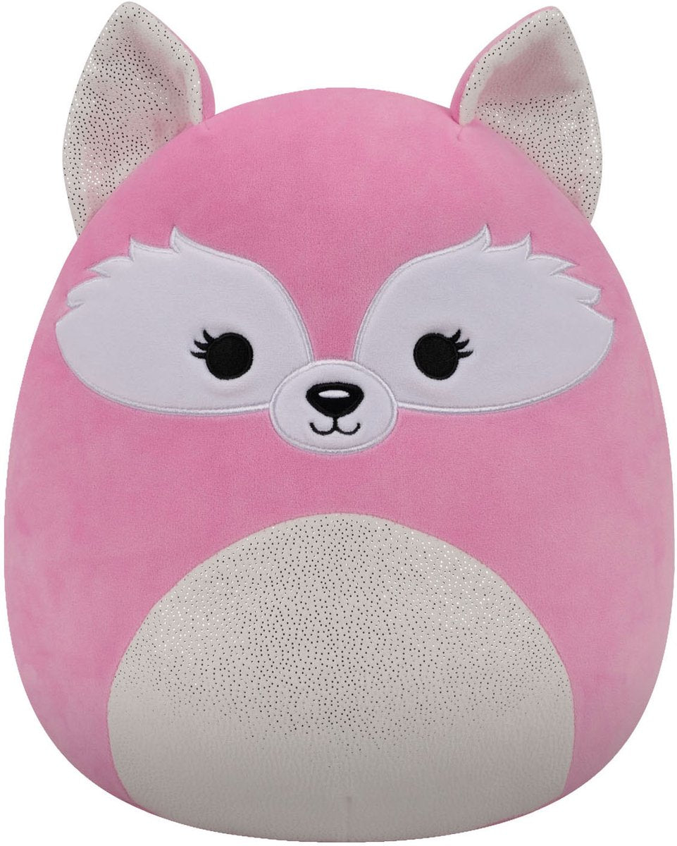 Squishmallows - medium plush 30cm rhiannon - pink fox w open eyes, white shimmer ears and belly