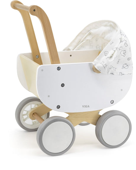 Viga Toys® - Puppenwagen mit verstellbarem Stoffverdeck - Weiß