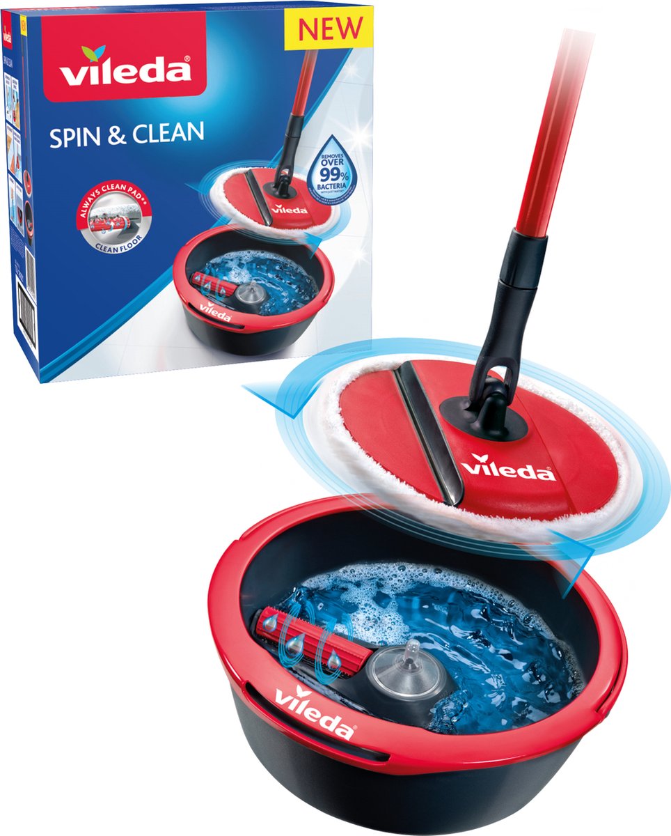 Vileda Spin Clean – Wischmopp-Set – Always-Clean-Pad – biegsamer Kopf aus Mikrofasern 2in1