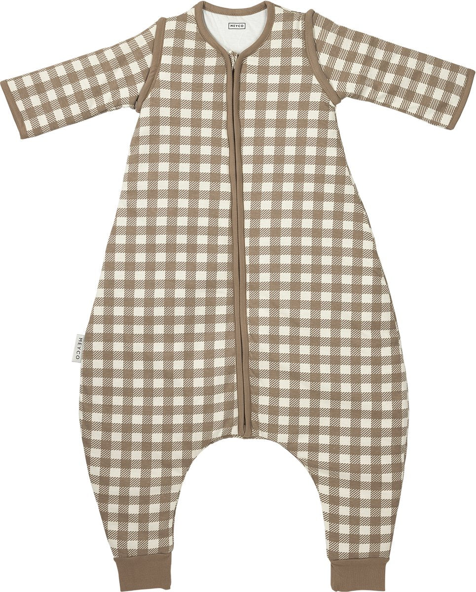 Meyco baby vichy square slaapoverall jumper - afritsbare mouwen - dark taupe - 80cm - 2.5 tog