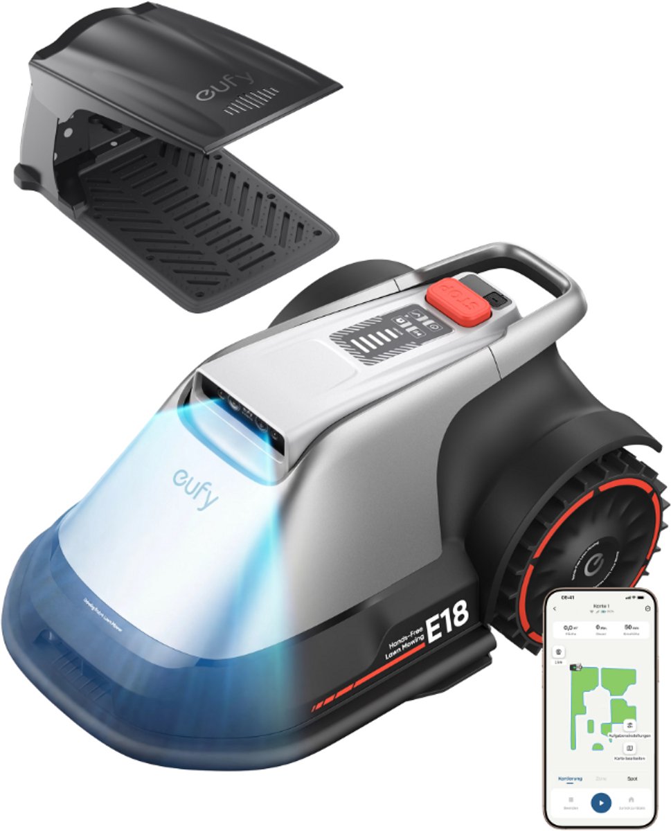 Eufy Roboter-Rasenmäher e18 – kabellos – ohne RTK – keine Signalprobleme – 5-Minuten-Einrichtung – automatische Kartierung bis zu 1200 m2 – Hindernisvermeidung – Aufsitzkante – Steuerung per App – mit Regenschutz