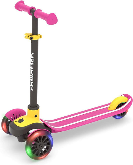 Chillafish Kinderroller 3 Jahre mit drei LED-Rädern – rosa gelb – leichter Glow-Scooter für Mädchen mit abnehmbarem Lenker und Fußbremse – höhenverstellbar – neigbar zum Lenken – extra Haltegriffe – keine Batterien erforderlich – Modell Scotti Glow 3