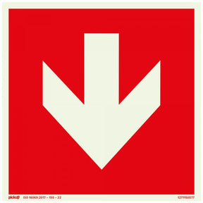 Rotes Schild mit Pfeil ftlm - 150x150 mm selbstklebend.