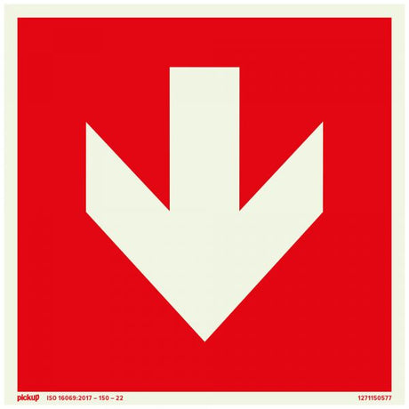 Rotes Schild mit Pfeil ftlm - 150x150 mm selbstklebend.