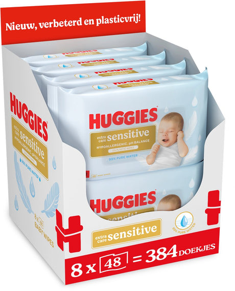 Huggies Babyfeuchttücher – Extra Care Sensitive – 384 Babyfeuchttücher (8 x 48 Stück) – 100 % plastikfrei