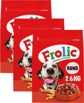 Frolic Hundefutter – komplettes Trockenfutter – Rindfleisch, Karotten, Getreide – 3x2,6 kg
