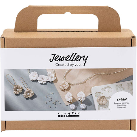 Creativ Company Mini-Hobby-Set Schmuck, Ohrringe, Armband und Halskette mit Blumendesign, Beige, Hellbeige, Beige, 1 Box