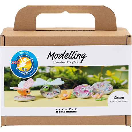 Creativ Company Mini-Hobby-Set Modellieren, Stein mit Insekt, Grau, Hellrosa, Helltürkis, 1 Box