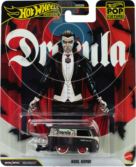 Hot wheels premium volkswagen kool kombi, metalen speelgoedbusje met dracula-versiering op schaal van 1:64