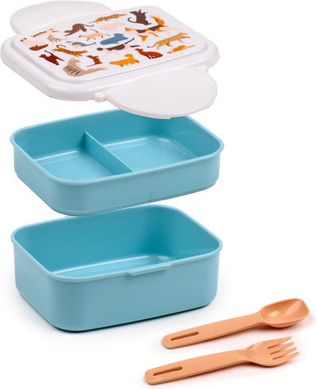 Puckator Bento Box Lunchbox – feine Katzen – hellblau weiß – Besteck – 9 x 15,5 x 14 cm