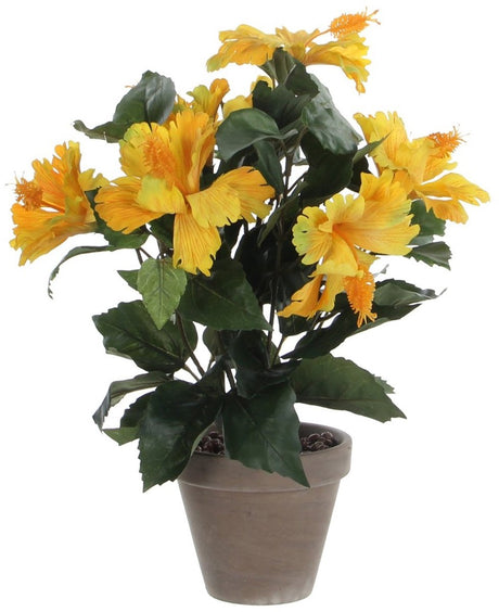 Mica decorations hibiscus kunstplant in bloempot stan - h40 x ø30 cm - geel