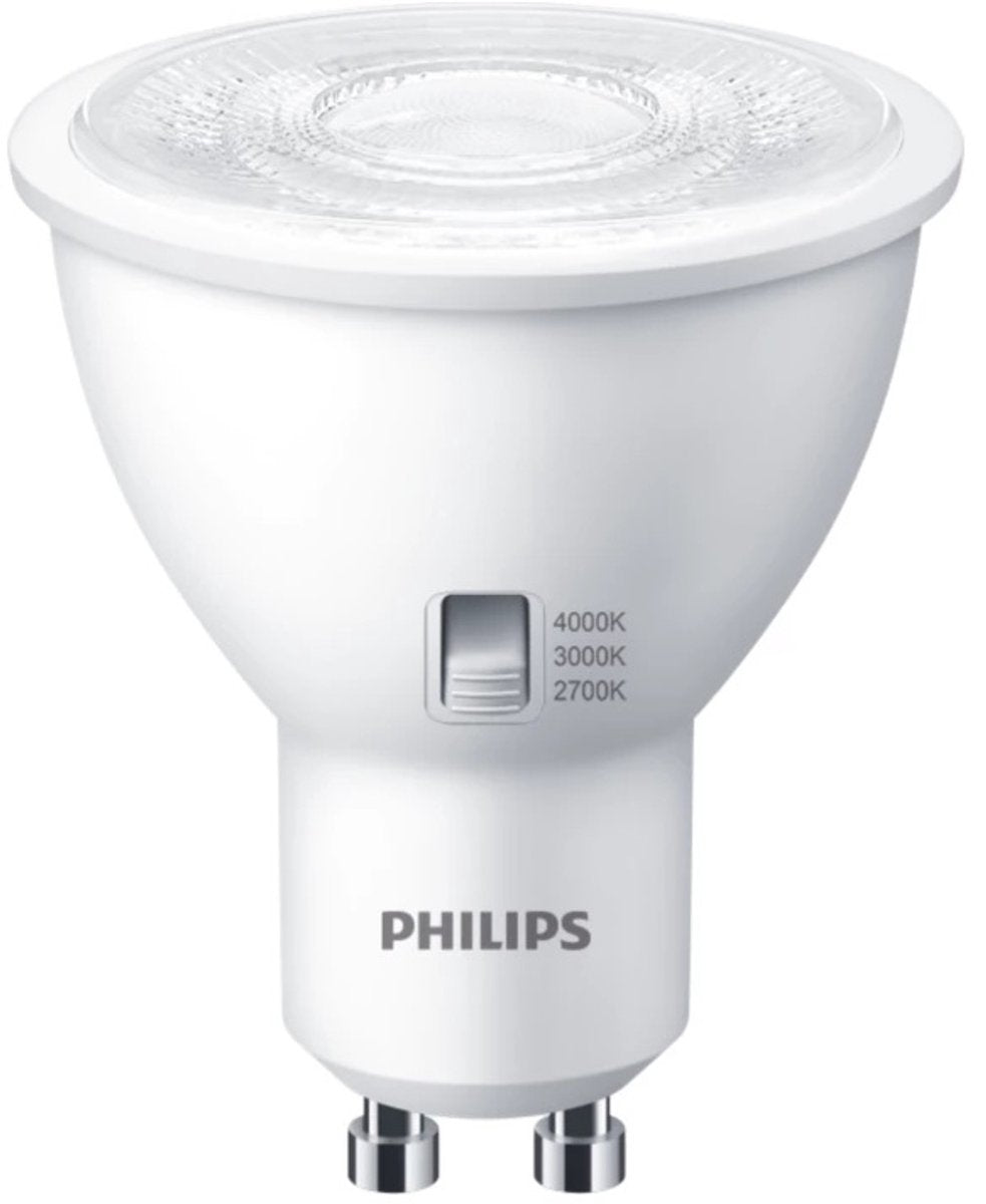 Philips led gu10 4.8w - instelbare lichtkleur cct-switch 2700k 3000k 4000k - 36° - dimbaar | gu10 50mm | extra warm wit-warm wit-koel wit | 4.8 watt | 15.000 branduren