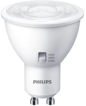 Philips led gu10 4.8w - instelbare lichtkleur cct-switch 2700k 3000k 4000k - 36° - dimbaar | gu10 50mm | extra warm wit-warm wit-koel wit | 4.8 watt | 15.000 branduren