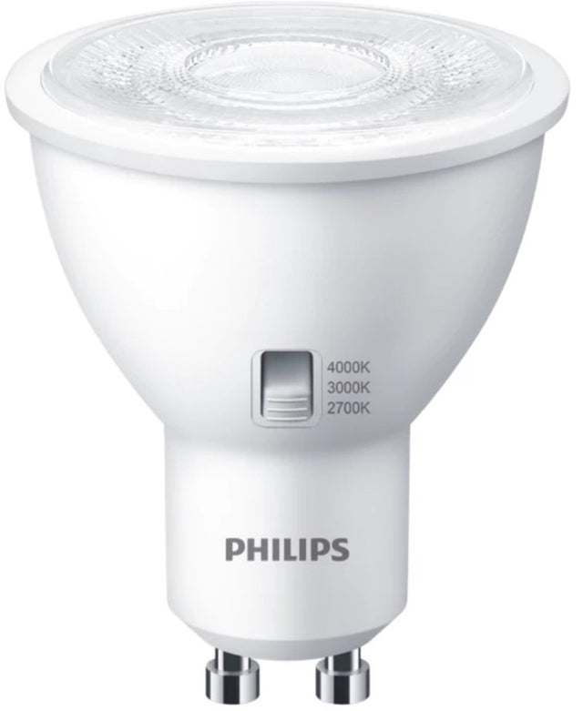 Philips led gu10 4.8w - instelbare lichtkleur cct-switch 2700k 3000k 4000k - 36° - dimbaar | gu10 50mm | extra warm wit-warm wit-koel wit | 4.8 watt | 15.000 branduren