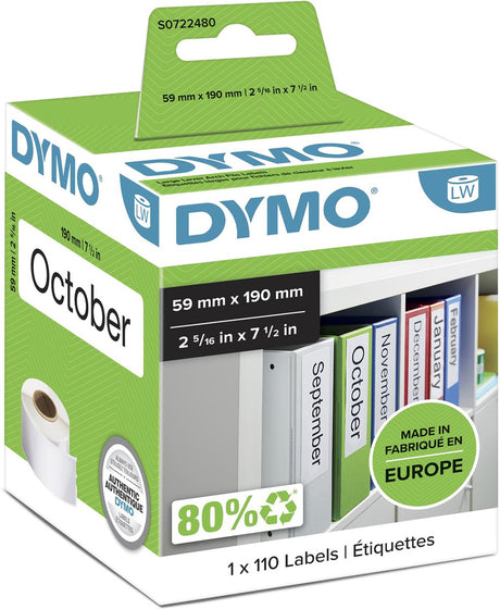 Dymo Original Labelwriter-Etiketten für Ordner | 59mm x 190mm | 110 selbstklebende Etiketten | passend für die Labelwriter-Etikettendrucker | Hergestellt in Europa