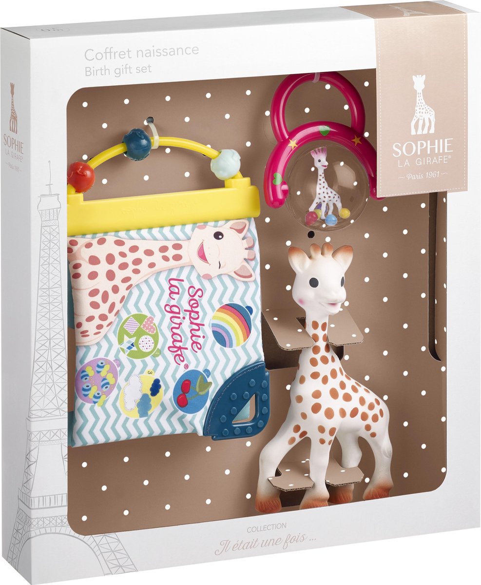 Geschenkset „Sophie die Giraffe“ – Geschenkset zur Geburt – Geschenk zur Schwangerschaft – Geschenk zur Babyparty – Puppe, Rassel-Entdeckungsheft – ab 0 Monaten – in weißer Geschenkbox – 3-teilig