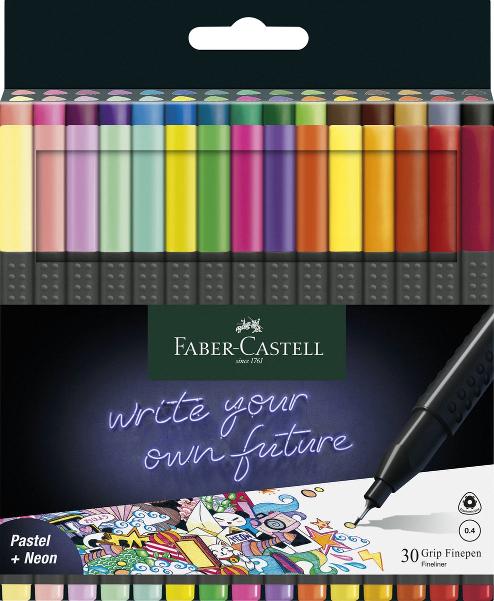Faber-Castell Fineliner – Griff – Schreibbreite 0,4 mm – Karton 30 Stück – Pastell + Neon + Grundfarben – fc-151630
