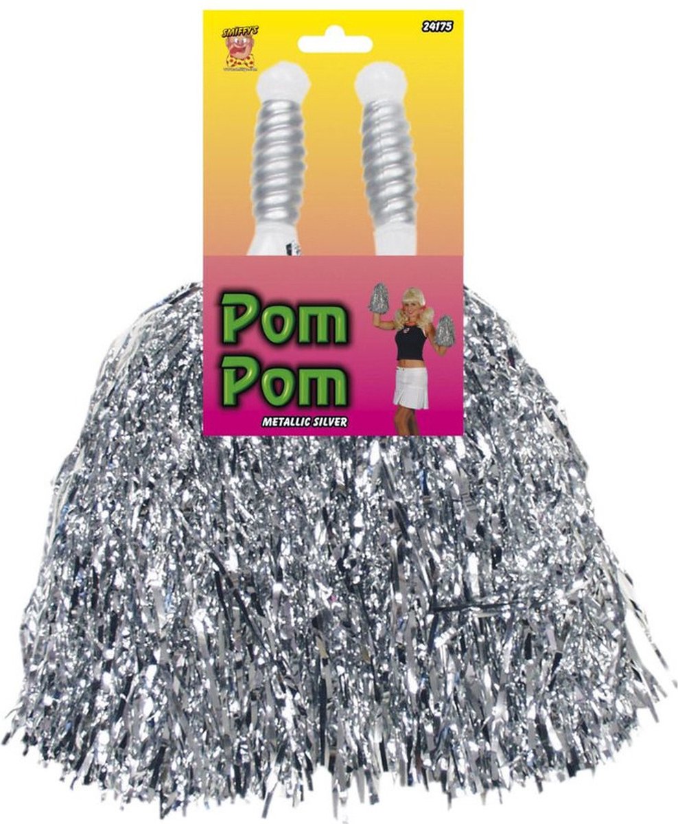 Smiffys cheerballs pompoms - 2x - zilver - met ringgreep - 30 cm - pompons - cheerleader verkleed accessoires
