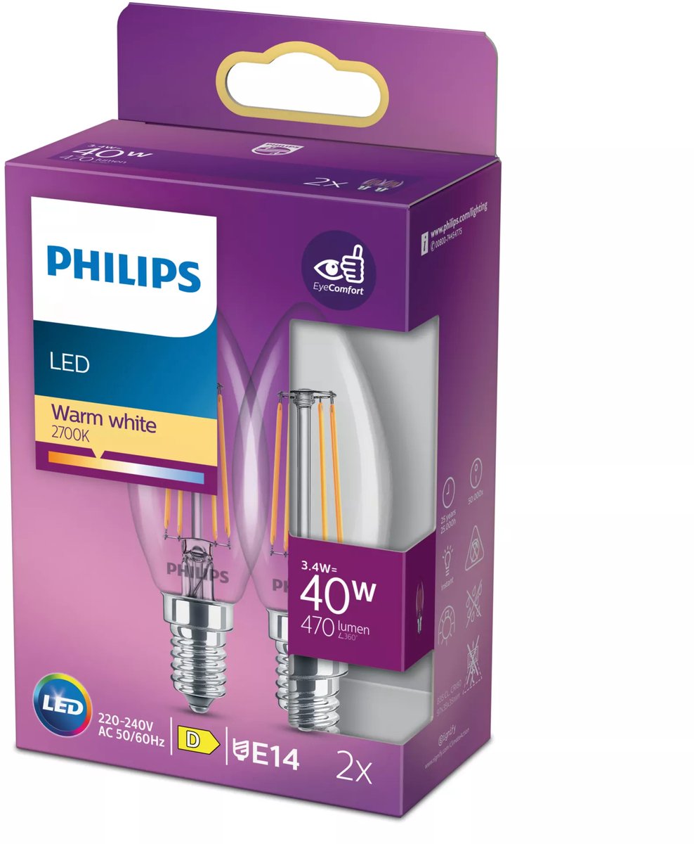 Philips led lamp - kaarslamp met e14 fitting - warmwit licht: 2700k - 40w - helder glas - 2-pack