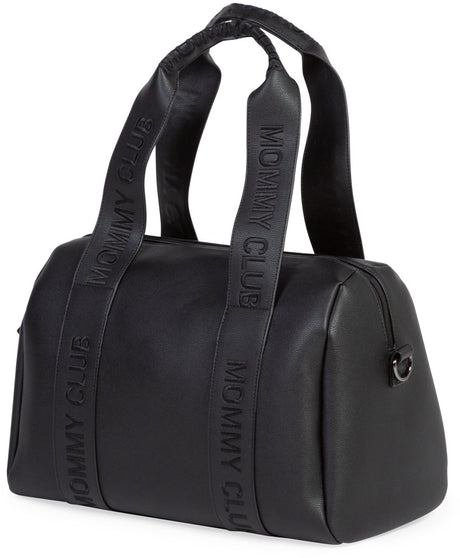 Childhome mommy club luiertas van vegan leer - compacte verzorgingstas van 22 liter - 3 elastische vakken en geïsoleerd zakje - inclusief verschoningsmatje en wandelwagenhaken - subtiele borduursels - 38 x 21 x 27 cm - zwart