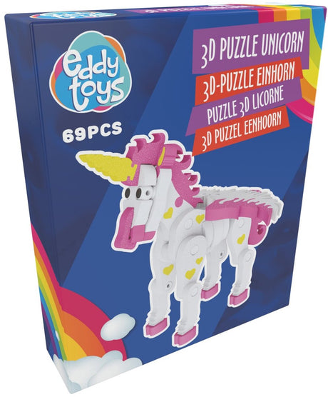 Eddy Toys 3D-Puzzle Einhorn – 69 Teile – Lernspielzeug – regt die Entwicklung der Kreativität und motorischen Fähigkeiten bei Kindern an – Schaumstoff – Weiß, Rosa und Gelb – 29,5 x 26,5 x 24,5 cm